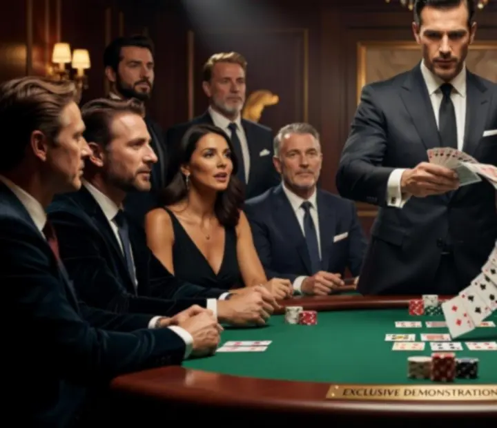 Profesjonalny krupier prezentujący pokaz pokerowych umiejętności podczas eleganckiego wydarzenia