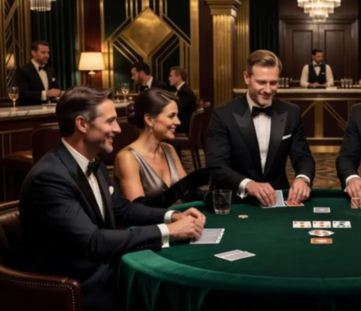 Profesjonalny krupier prowadzący rozgrywkę przy eleganckim stole z symbolicznymi żetonami w świetle Art Deco