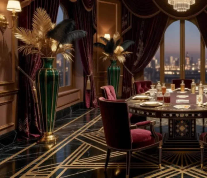 Scena eventowa w stylu art deco z eleganckim oświetleniem i dekoracjami.