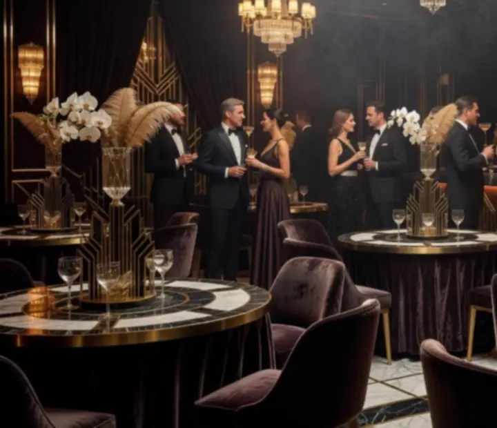 Luksusowa aranżacja sali VIP z eleganckimi stołami rozrywkowymi i oświetleniem w stylu art deco